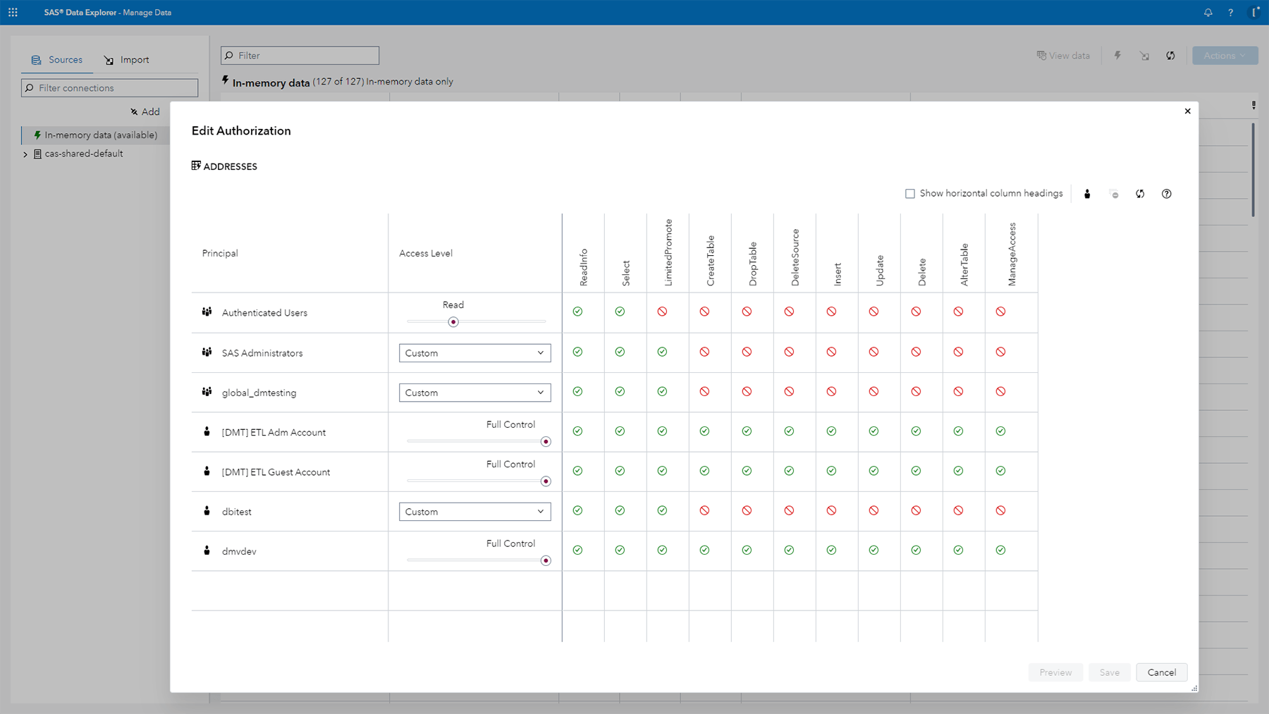 SAS Data Explorer set authorization rules screenshot