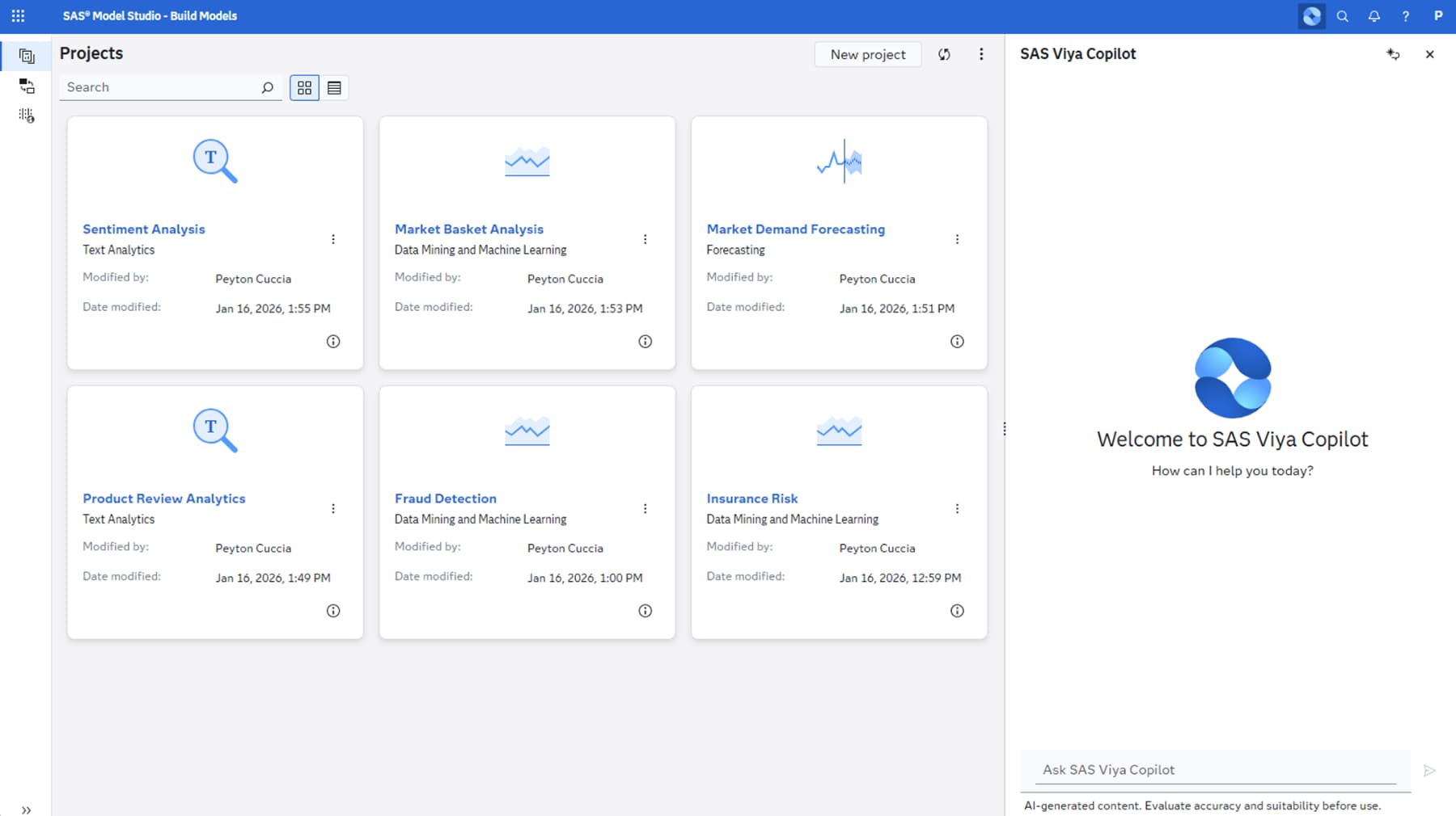 Screenshot of SAS Viya Copilot welcome