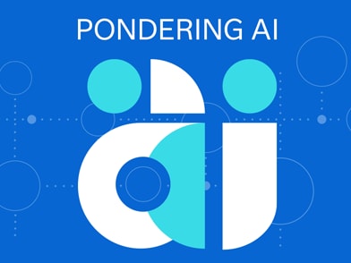 Pondering AI title with blue, teal and white background and  graphic of connecting circles
