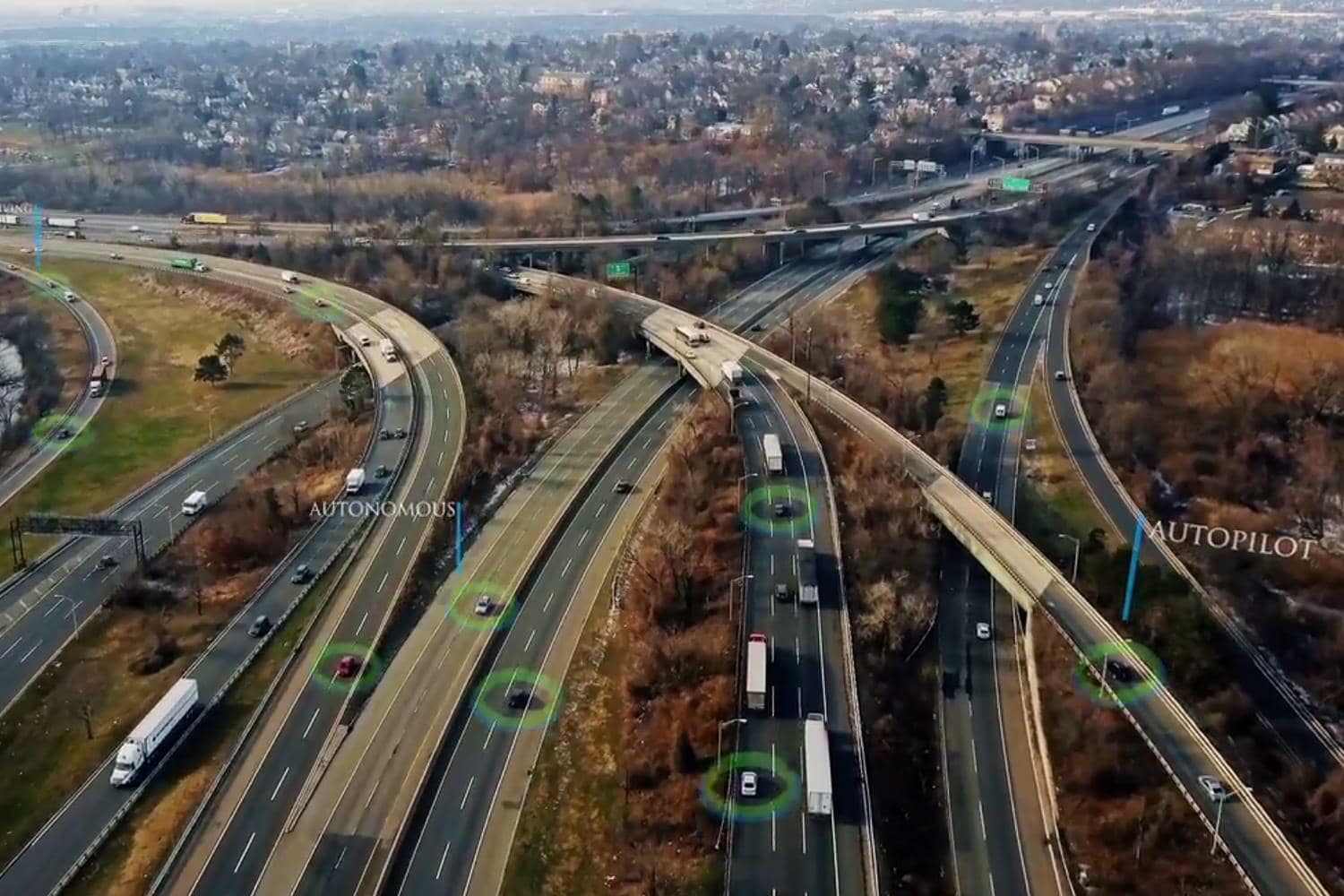 Overhead shot of self-driving cars on highway