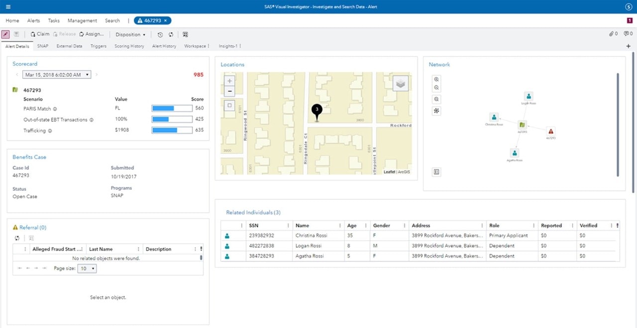 Schermata di SAS Payment Integrity for Social Benefits che mostra i dettagli dell'alert