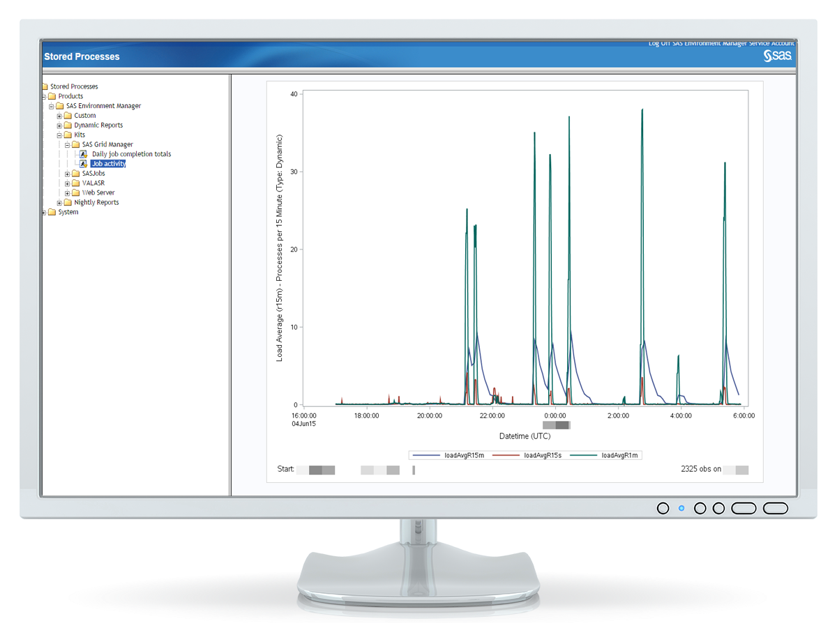 SAS Grid Manager on desktop monitor showing detailed graphs depicting job status under resources tab.