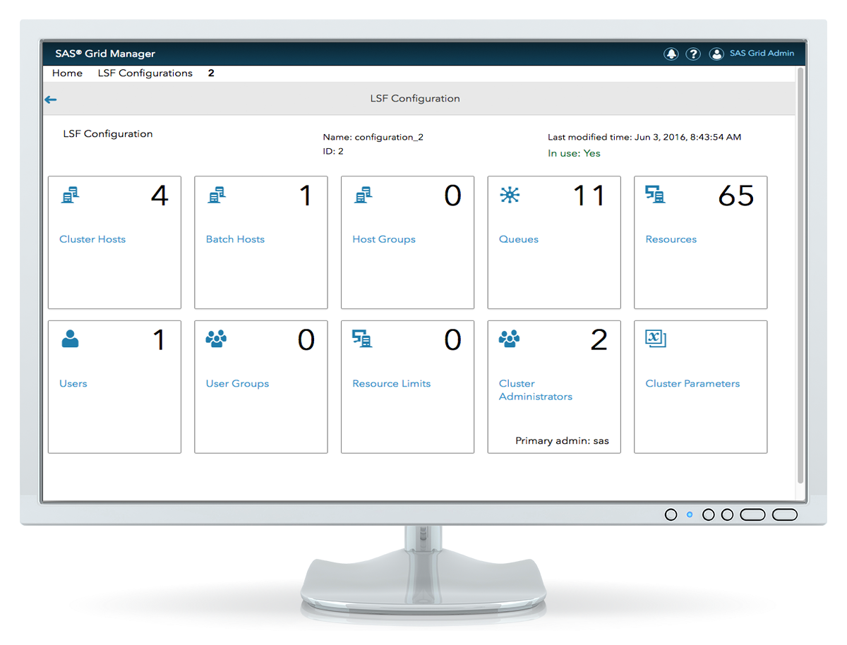 SAS Grid Manager on desktop monitor showing LSF configurations..