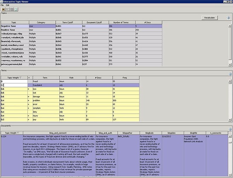 Screenshot di SAS Text Miner che mostra l'interfaccia grafica interattiva