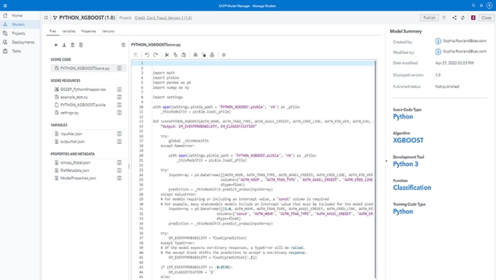 Schermata di SAS Model Manager che mostra il registro Python 