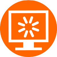 Computer monitor with progress wheel icon in orange circle