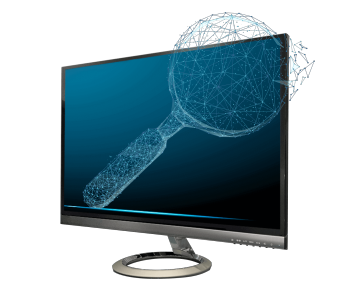 Magnifying glass on computer monitor representing computer vision