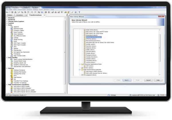 SAS/ACCESSソフトウェアを使ってアクセス可能なデータベースを表示しているライブラリウィザードの画面が表示されたデスクトップ・モニター