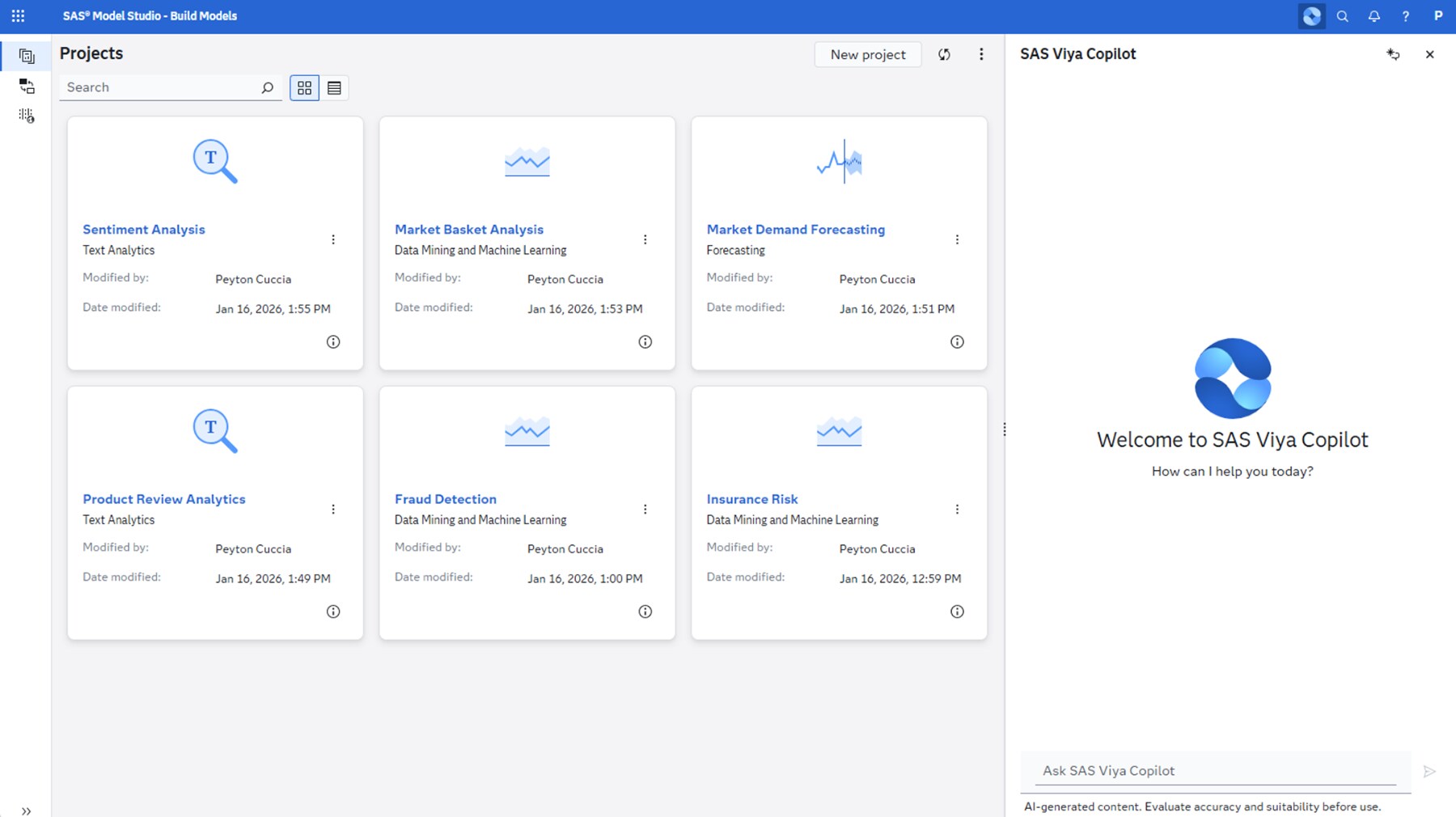 Screenshot of SAS Viya Copilot welcome