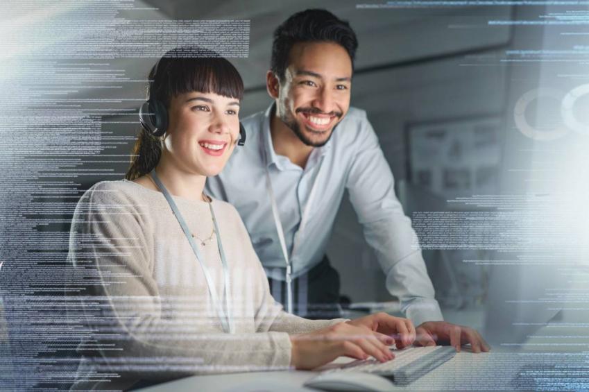 Female customer service representative with headset