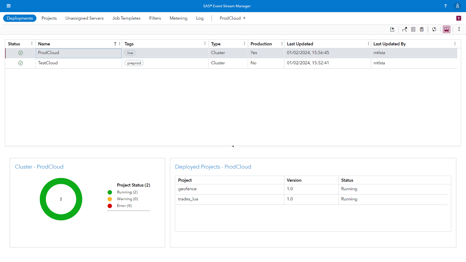 Screenshot of SAS Event Stream Processing - deployment