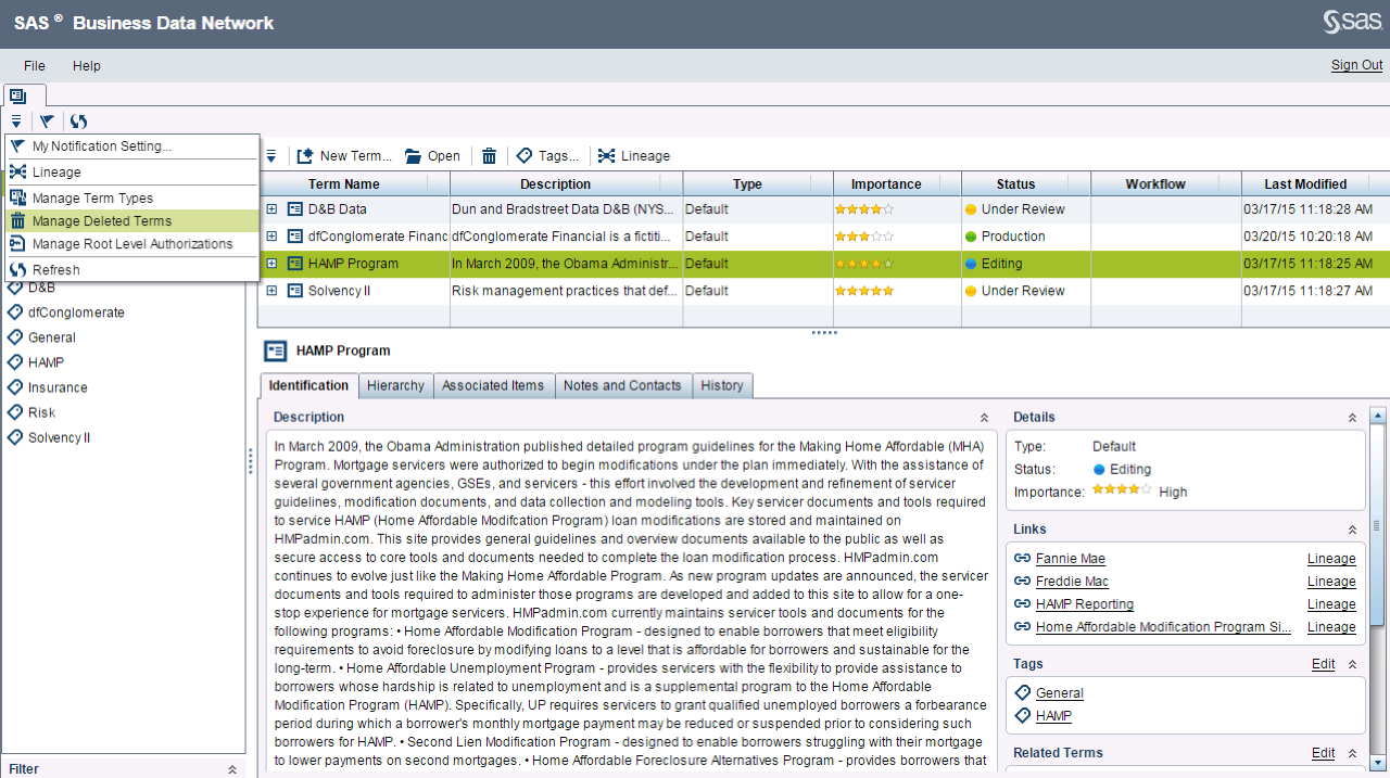 Screen shot of SAS Data Governance software.