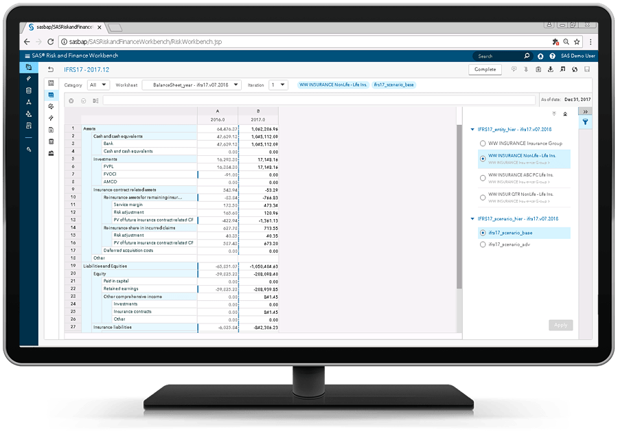 SAS Solution for IFRS 17 showing IFRS 17 worksheet on desktop monitor