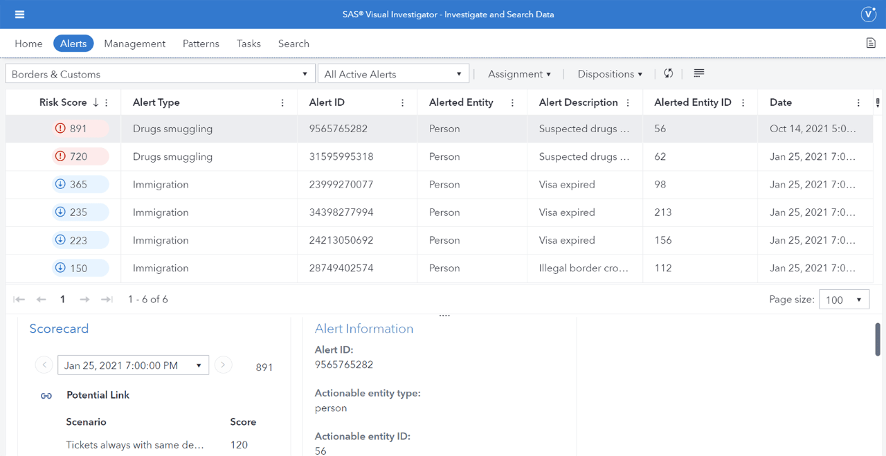 Screenshot of SAS Visual Investigator showing border alert monitoring