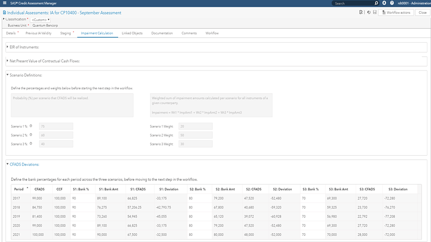 Screenshot of SAS Credit Assessment Manager showing impairment calculations