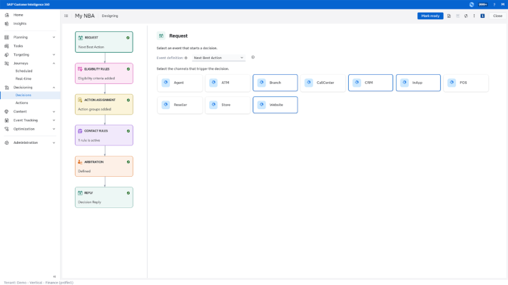Screenshot of SAS 360 Marketing Decisioning showing next best action