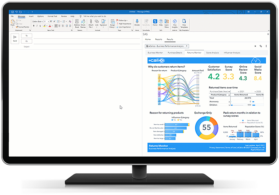 SAS Visual Analytics no SAS Viya usando o Microsoft Outlook no monitor desktop
