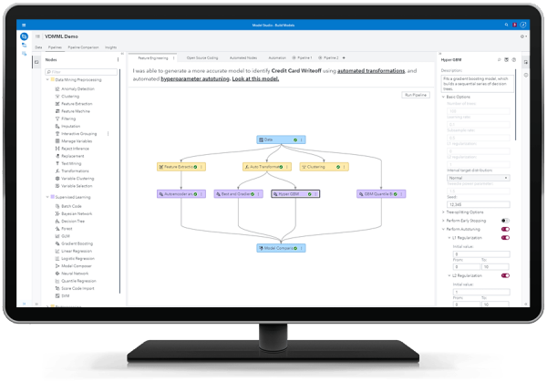 SAS Visual Data Mining e Machine Learning mostrando pipeline para engenharia automatizada de recursos no monitor desktop