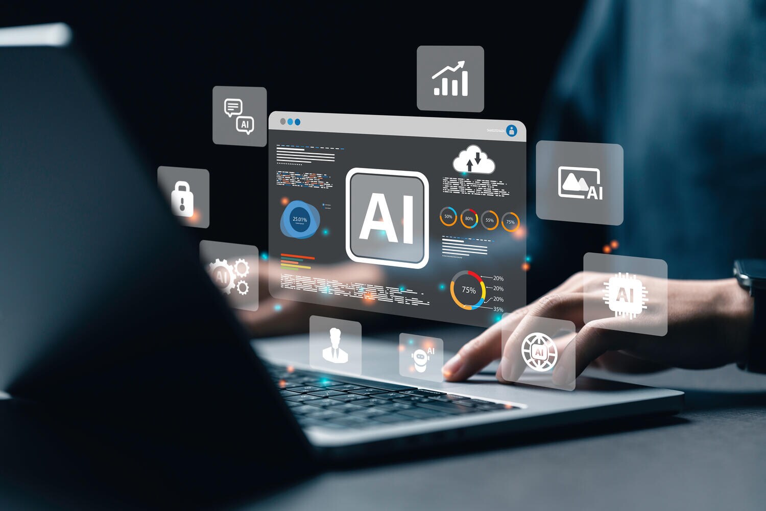 Close-up on hand working on laptop with AI overlay