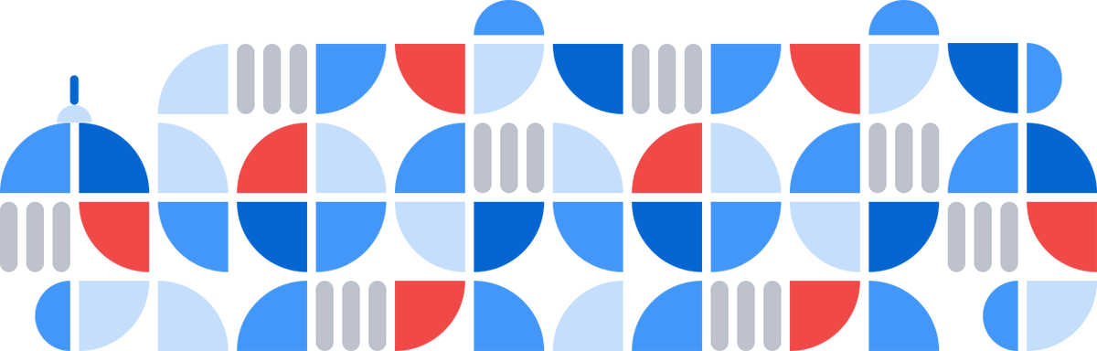 Quarter circles in red and blues with capsules