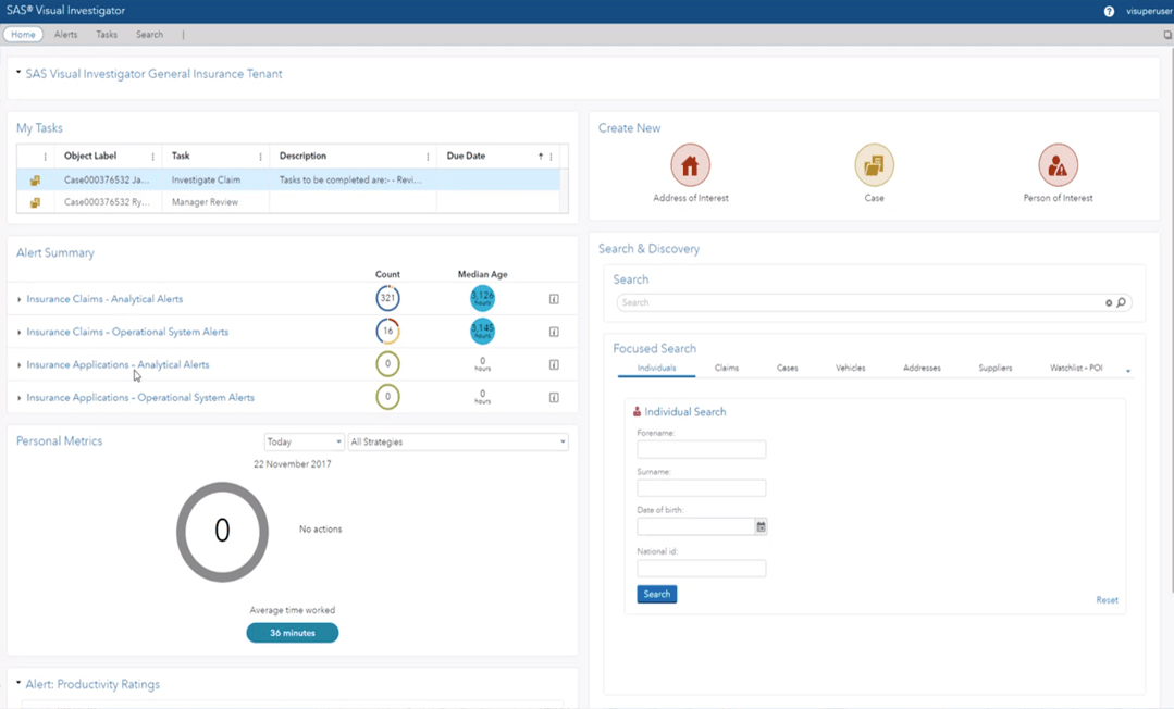 SAS Fraud Decisioning for Claims showing alert summary screenshot