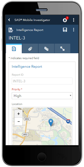 SAS Mobile Investigator showing object details on tablet device