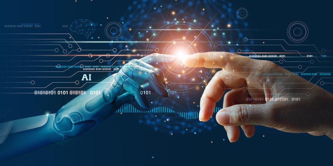 AI, Machine learning, Hands of robot and human touching on big d
