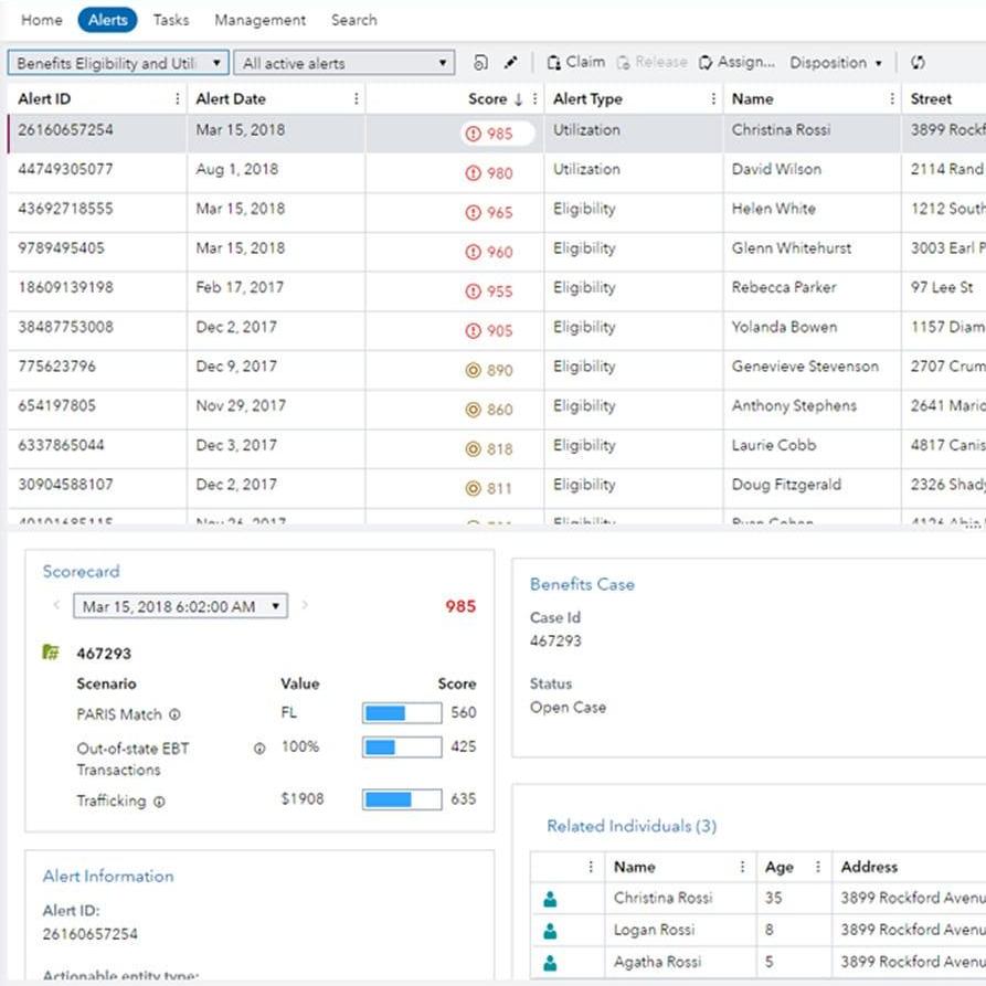 SAS Payment Integrity for Social Benefits screenshot showing alert detail