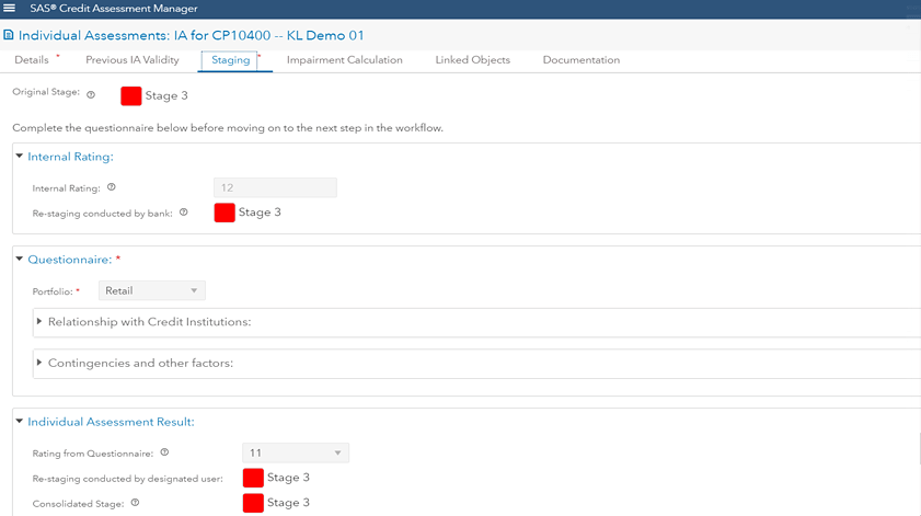 Screenshot of SAS Credit Assessment Manager showing restaging