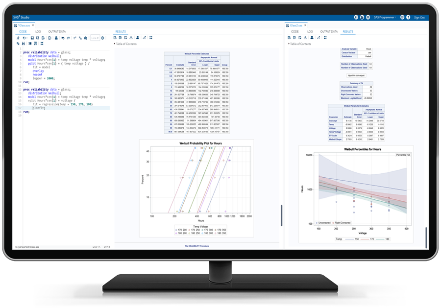 SAS QC software showing product reliability assessment on desktop monitor