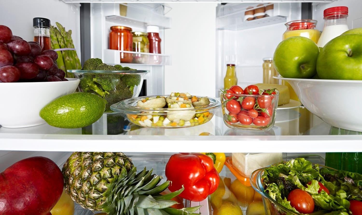 Food in open refrigerator