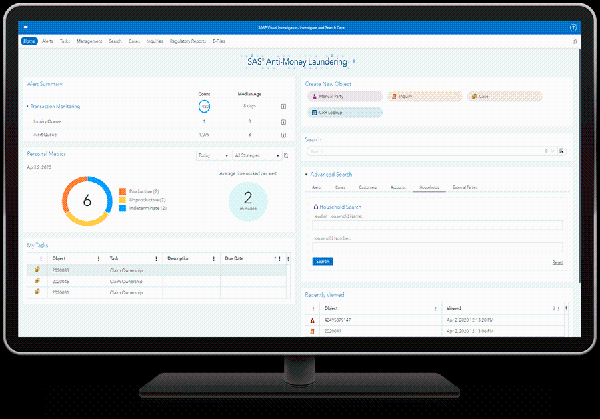SAS Anti-Money Laundering showing user-friendly alert and case management platform on desktop monitor.
