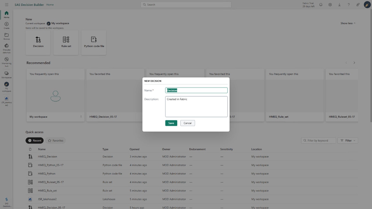 Screenshot of SAS Decision Builder New Decision Workflow
