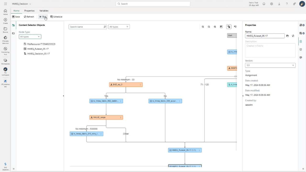 Screenshot of SAS Decision Builder Select Run Schedule