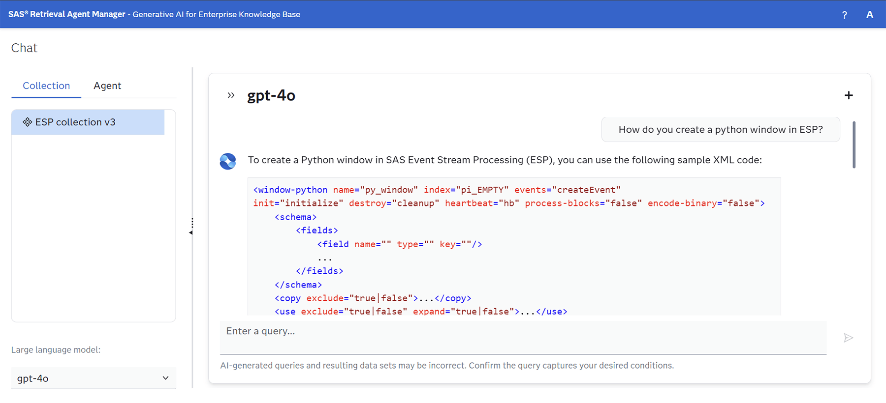 Screenshot of SAS Retrieval Agent Manager chat