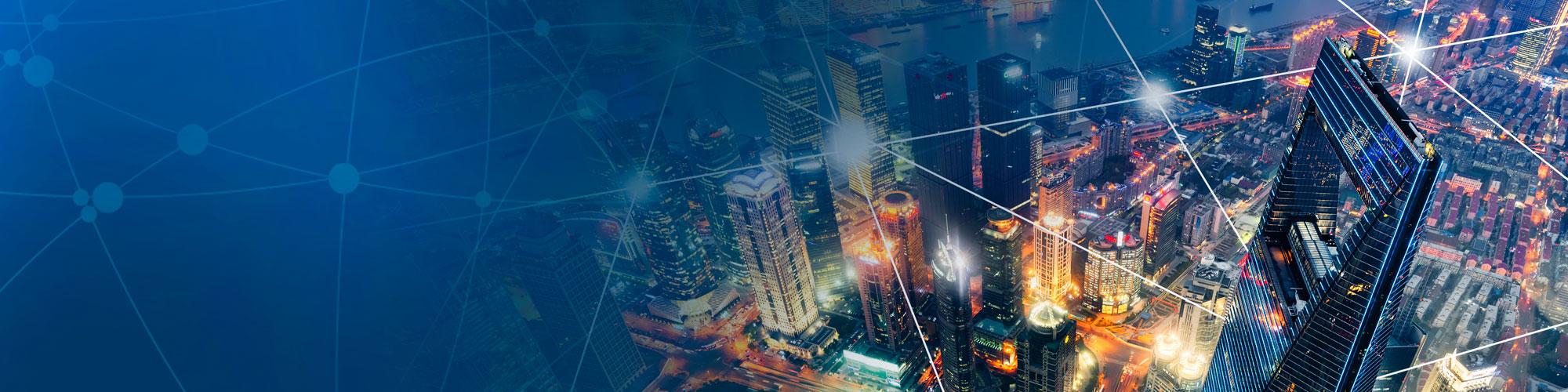 Stylized image of city at night with connecting dots Stylized image of city at night with connecting dots