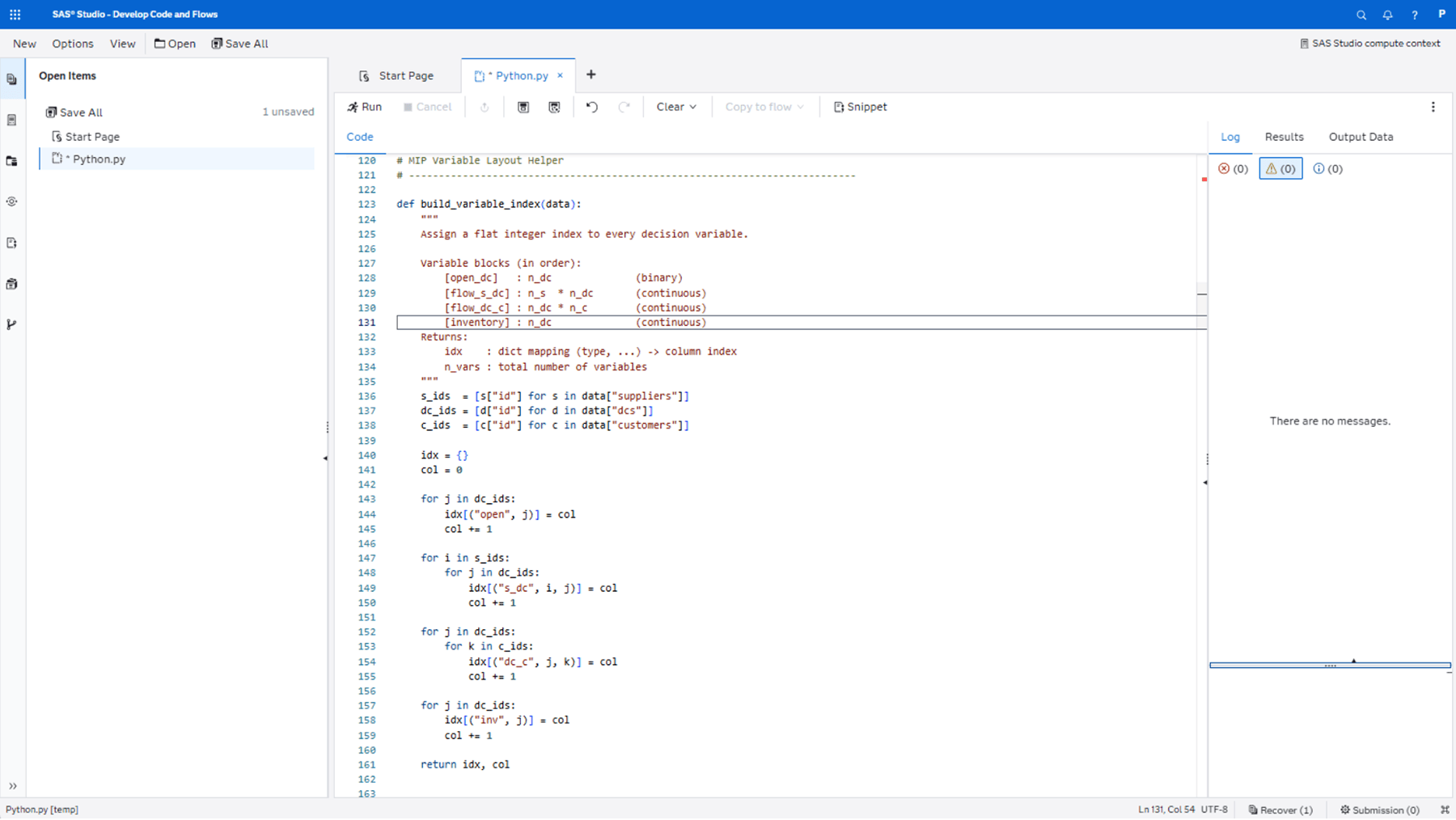 Screenshot of SAS Optimization showing programming example in Python