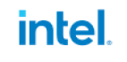 Intel logo with white box and blue text