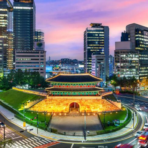 Busy traffic at Namdaemun Gate in Seoul, South Korea