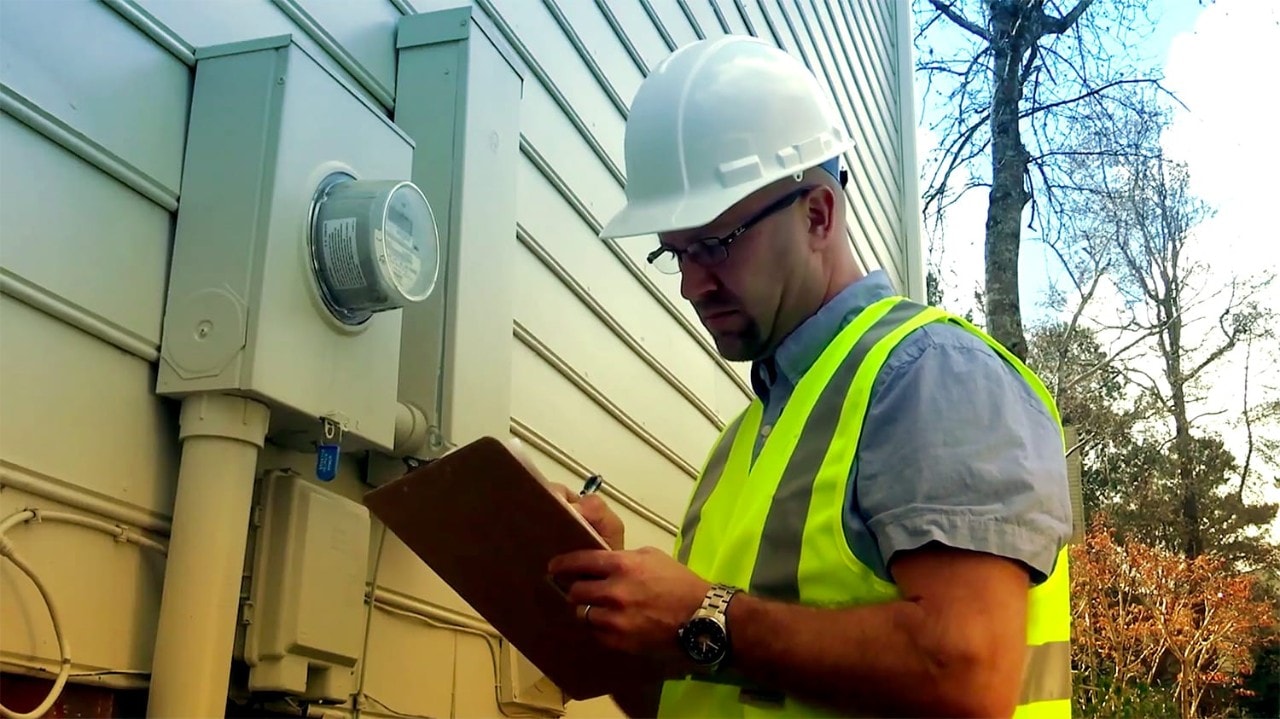 Technician reading house energy meter