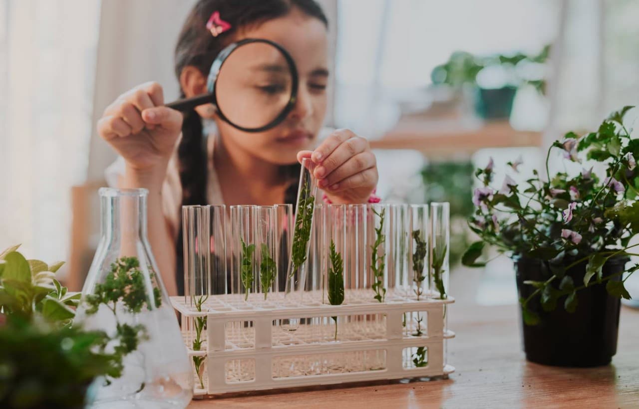 Little girl looking through a magnifying glass while analysing plants Little girl looking through a magnifying glass while analysing plants
