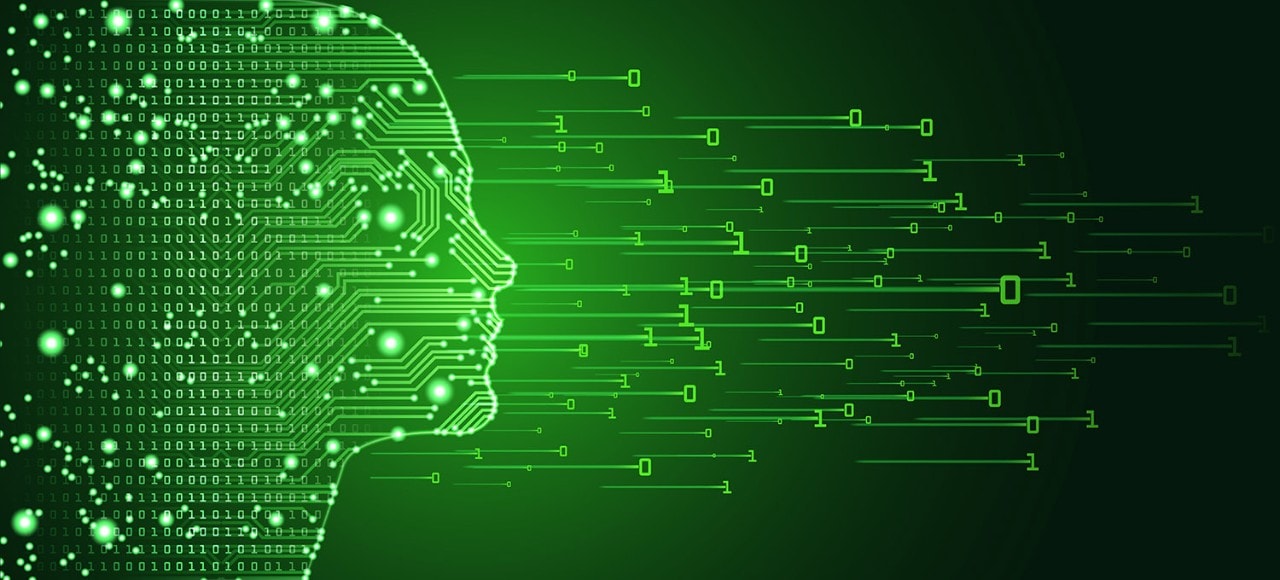 Women Face Outline With Circuit Board and Binary Data Flow on Green Background.