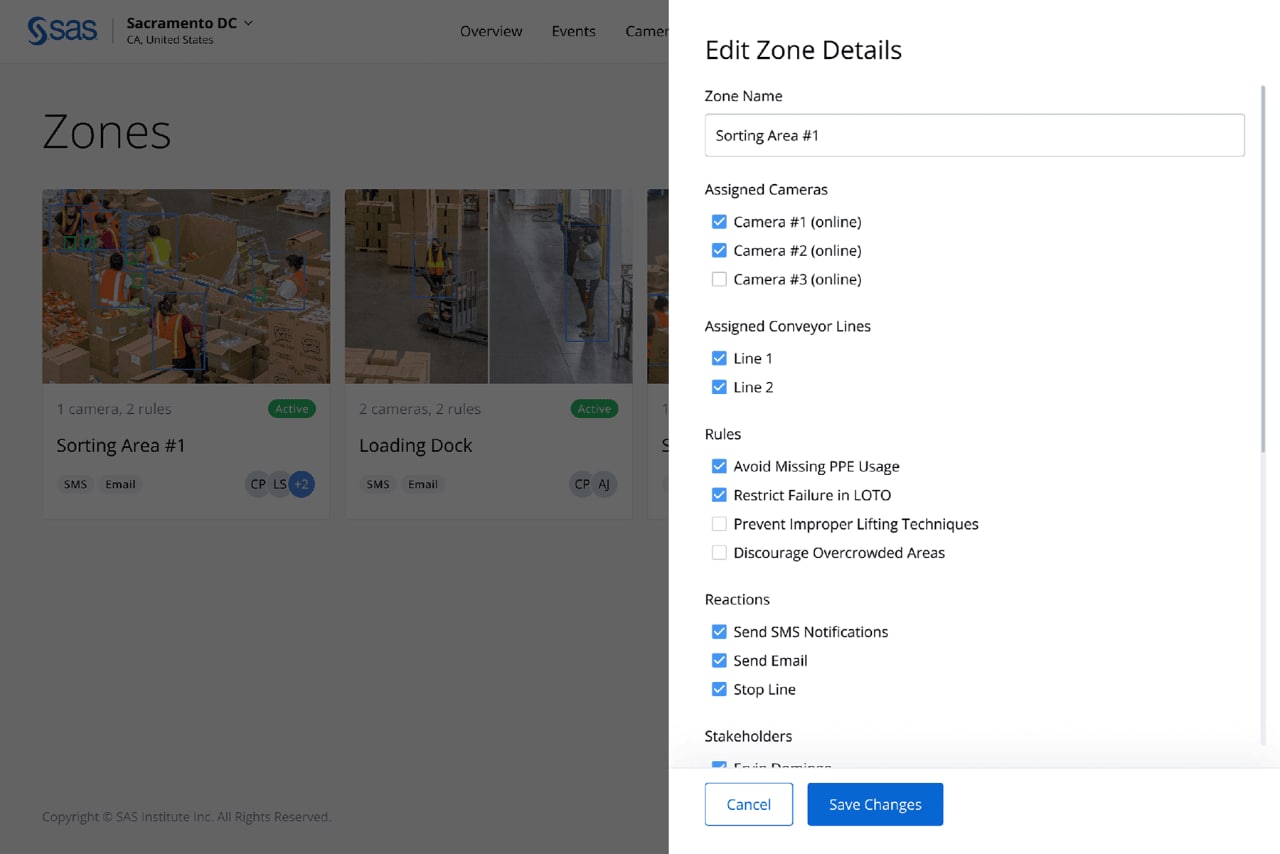 ภาพหน้าจอการแก้ไขหรือสร้างพื้นที่เฝ้าระวังจาก SAS Analytics for IoT เพื่อความปลอดภัยของคนงาน