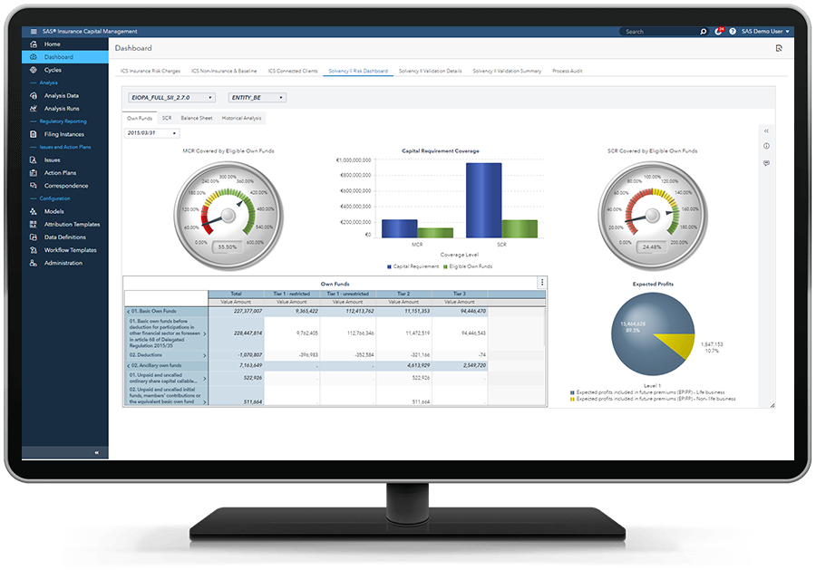 SAS Insurance Capital Management showing dashboard on desktop monitor
