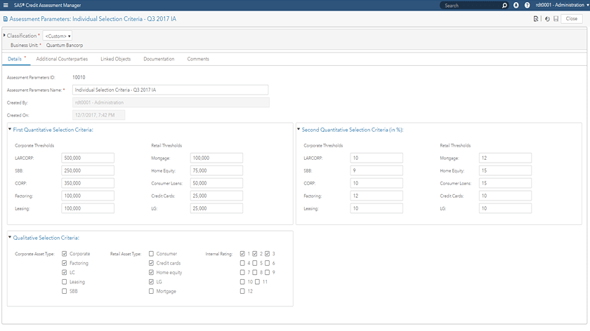 Screenshot of SAS Credit Assessment Manager showing assessment parameters