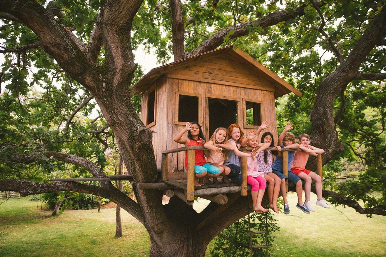 Group of young children sitting on treehouse waving