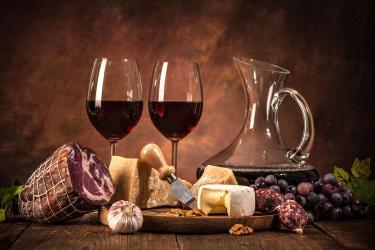 Cheese, wine, meat, grapes, vintage