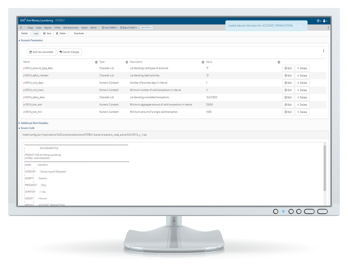 SAS Visual Scenario Designer shown on a desktop monitor.