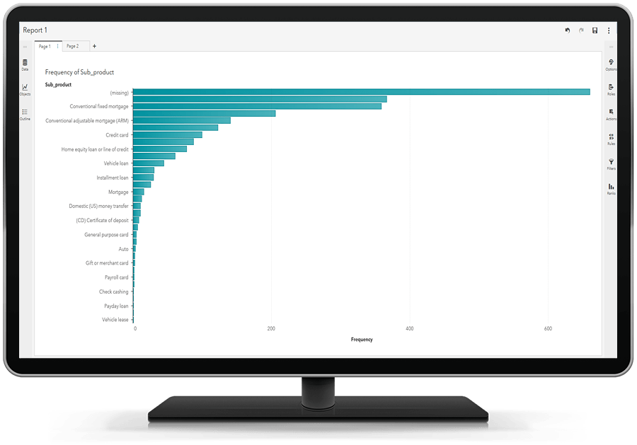 SAS Visual Text Analytics showing ability to explore and visualize data on desktop monitor